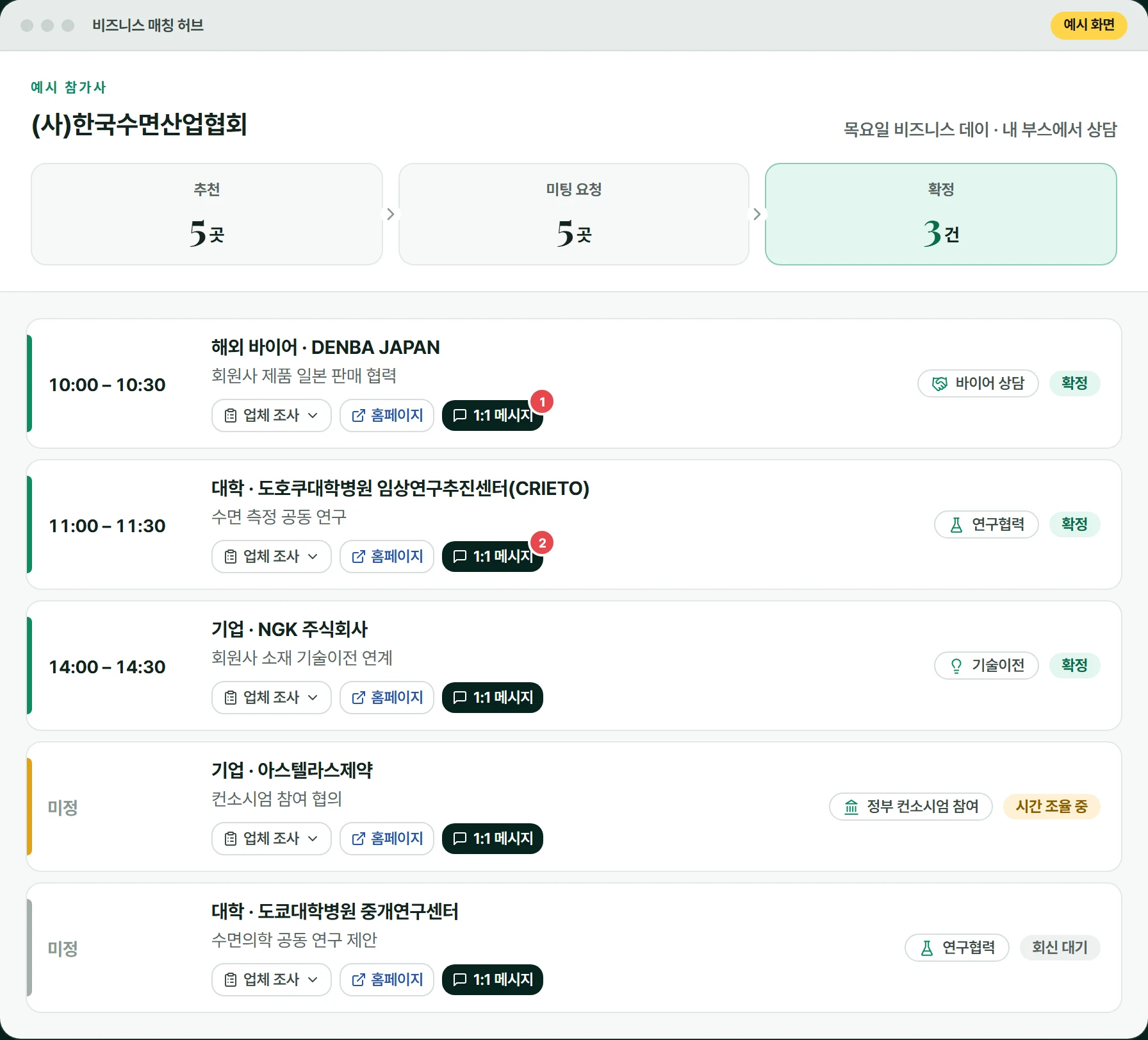 비즈니스 매칭 허브 예시 화면 — 추천 5곳 · 미팅 요청 5곳 · 확정 3건과 상대별 일정